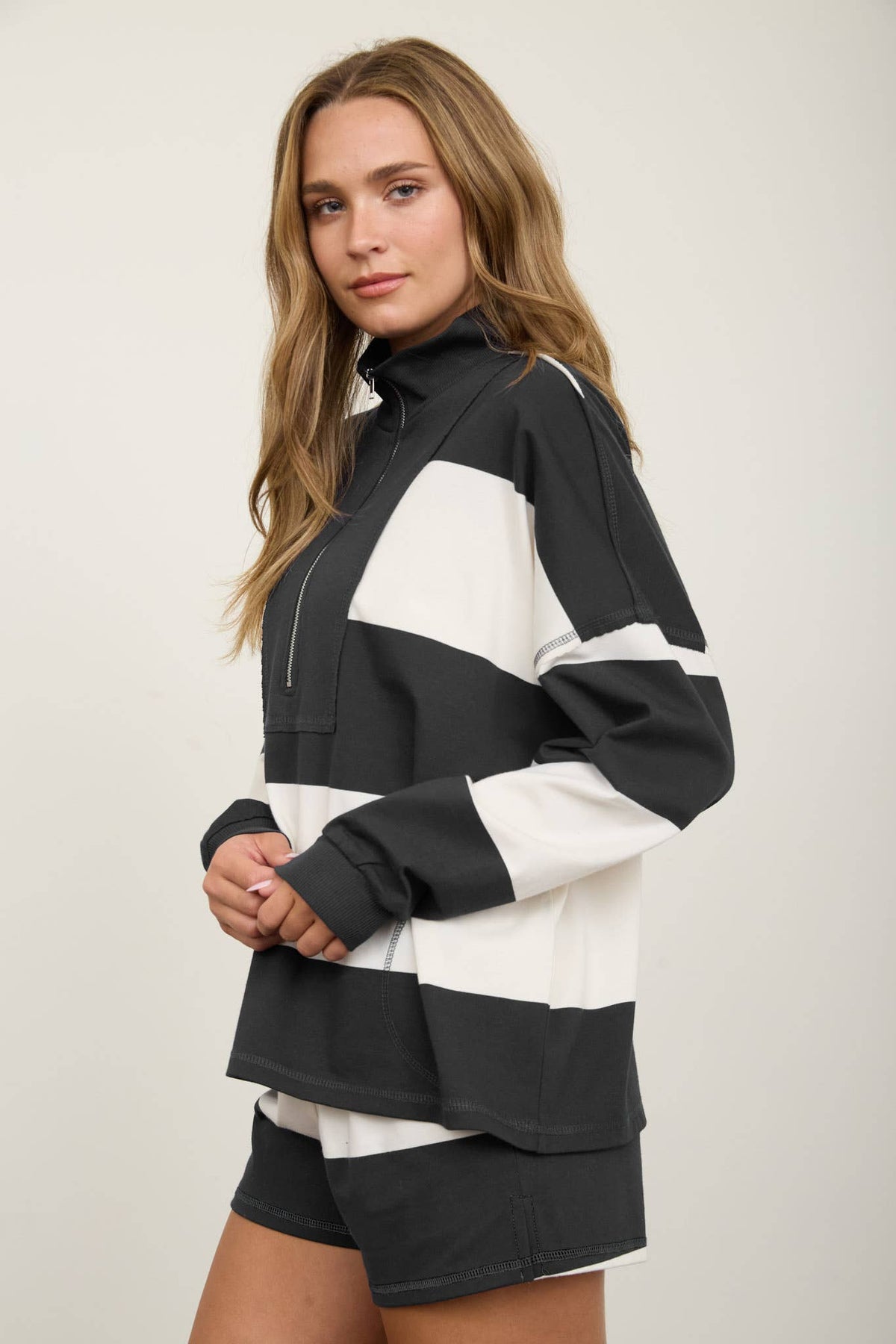 Babe in Stripes Half Zip Knit Top, womens wide stripe mock neck sweater for game day, view 15