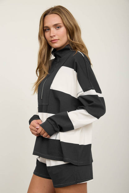 Babe in Stripes Half Zip Knit Top, womens wide stripe mock neck sweater for game day, view 15