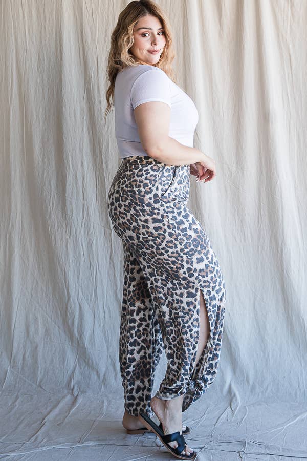 Plus Size- Leopard Print Side Slit Ankle Tie Pants - alternate view | Bleacher Babe