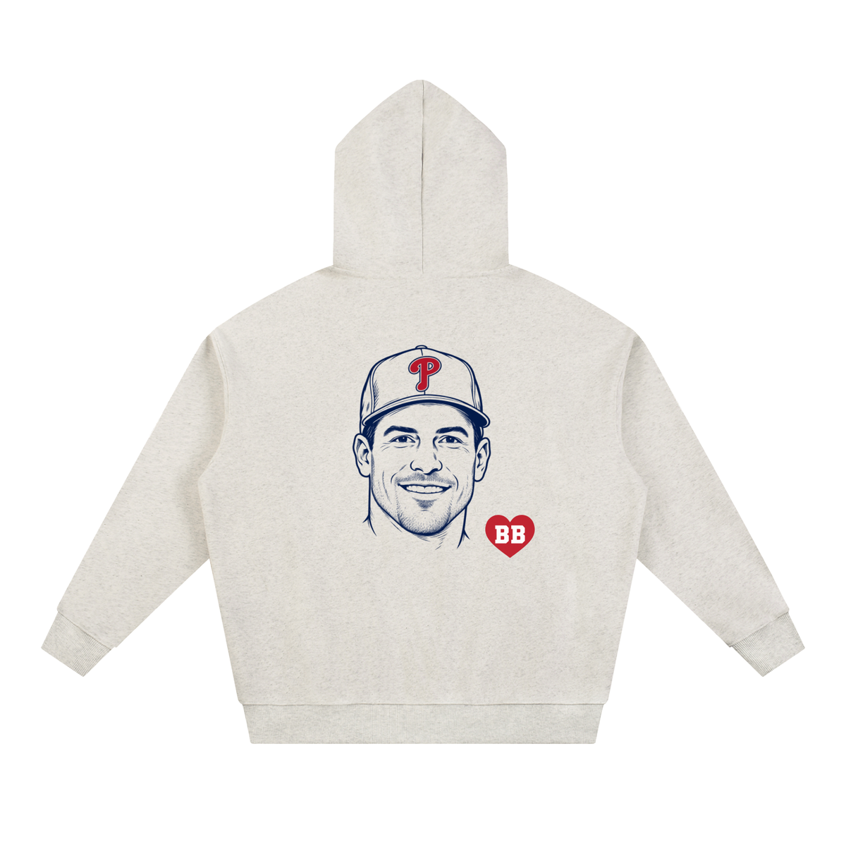 Back of the Here for the Catcher hoodie with catcher portrait and Bleacher Babe red heart