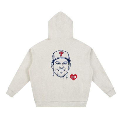 Back of the Here for the Catcher hoodie with catcher portrait and Bleacher Babe red heart