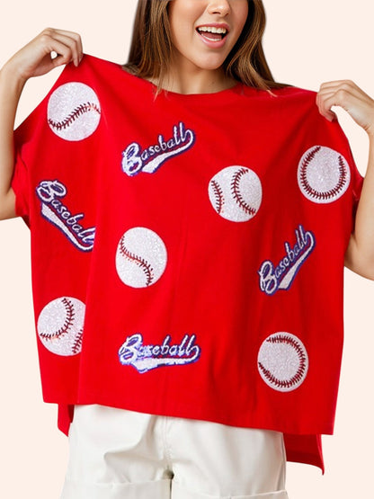Baseball Graphic Round Neck Half Sleeve Tee — Women's Game Day Baseball Shirt
