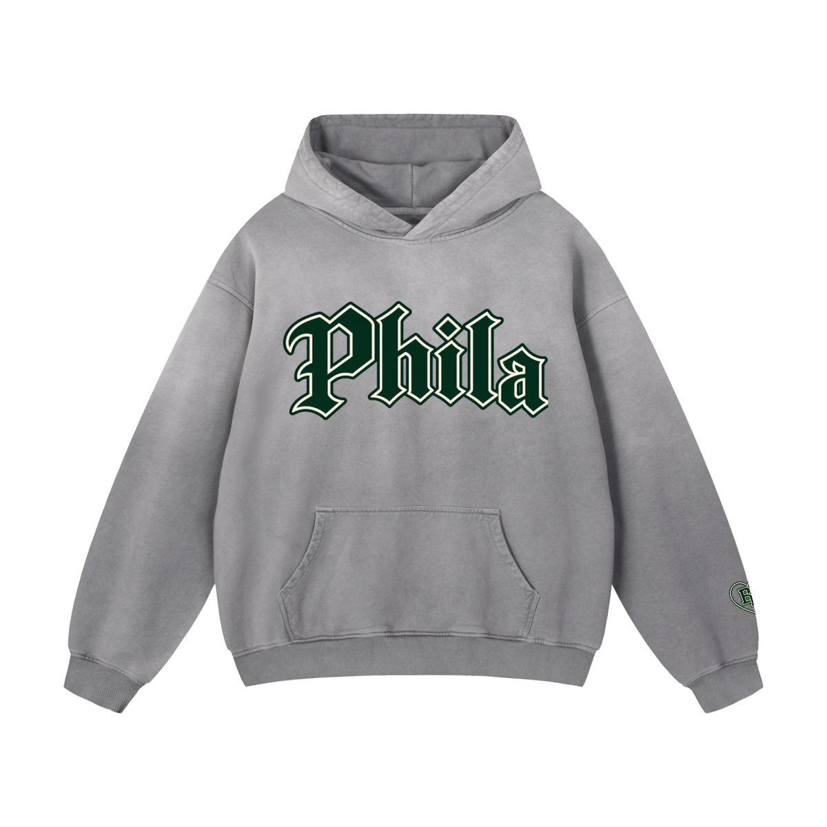 Gray sunfade oversized hoodie with green Old English Phila lettering, Bleacher Babe original