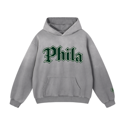 Gray sunfade oversized hoodie with green Old English Phila lettering, Bleacher Babe original