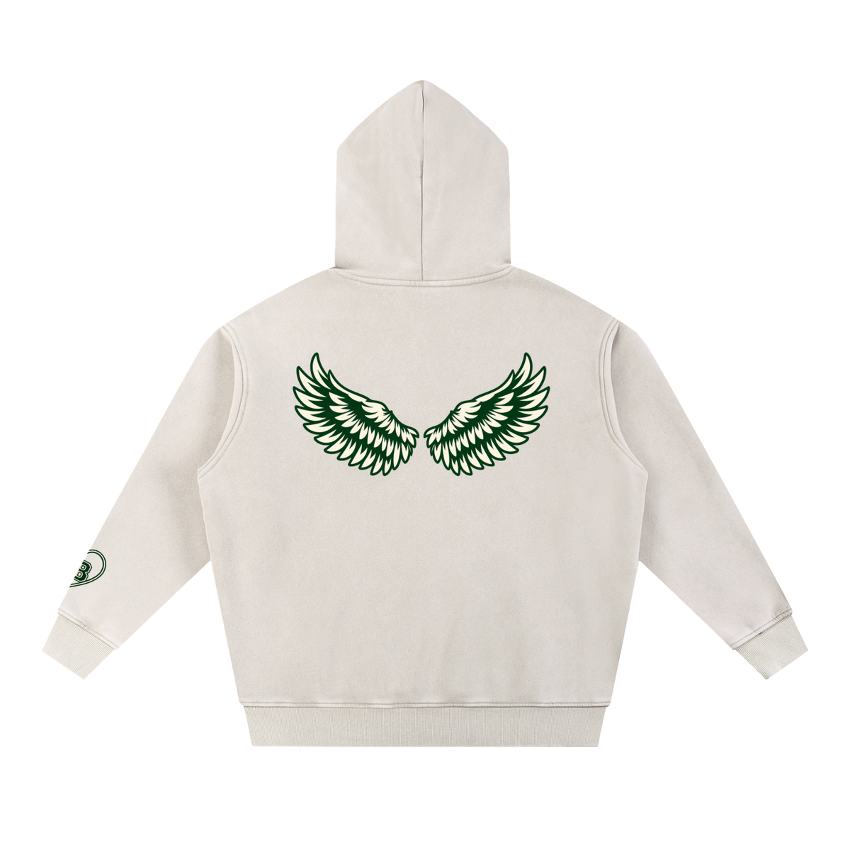 Bird Gang hoodie in mild apricot, back with green wings print