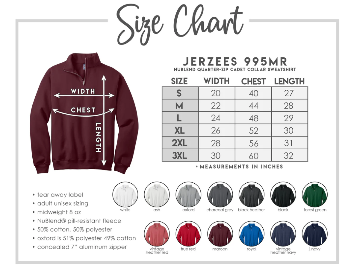 Size chart for Home Plate Social Club quarter zip sweatshirt with available colors
