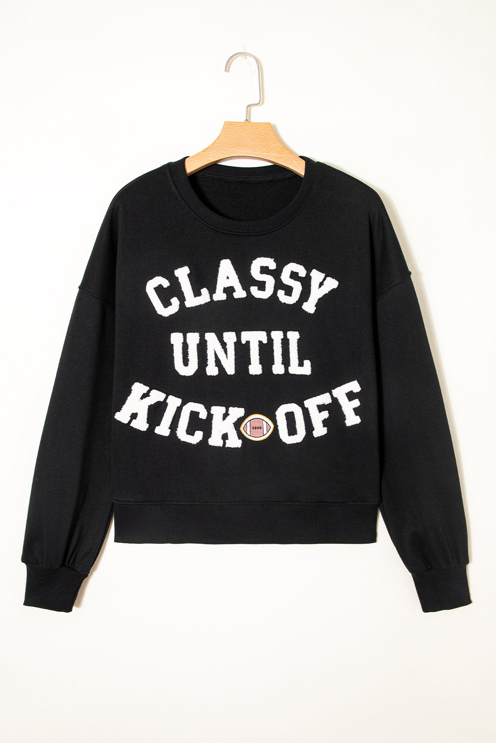 Classy Until Kickoff -- Plush Letter Patch Loose Sweatshirt in Black