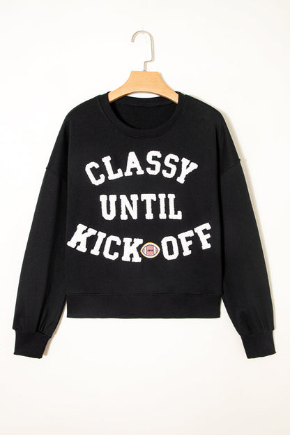 Classy Until Kickoff -- Plush Letter Patch Loose Sweatshirt in Black