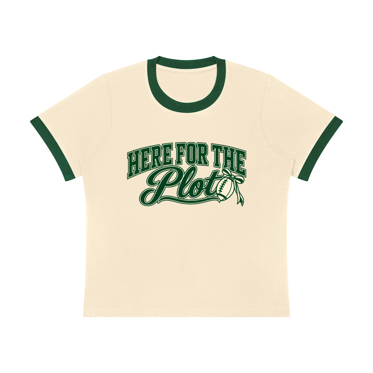 Here for the Plot women's ringer tee in apricot cream with green trim, Bleacher Babe football game day shirt, front