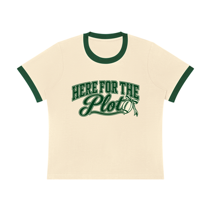 Here for the Plot women's ringer tee in apricot cream with green trim, Bleacher Babe football game day shirt, front
