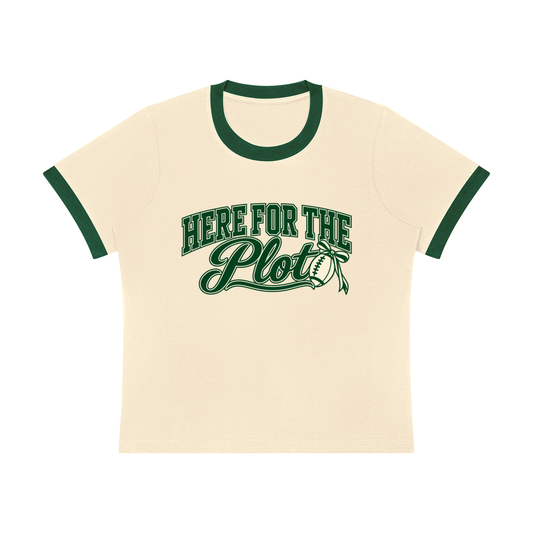 Here for the Plot women's ringer tee in apricot cream with green trim, Bleacher Babe football game day shirt, front