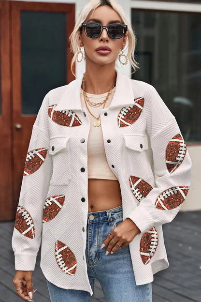 Sequin Football Patch Collared Snap Button Jacket -- Game Day