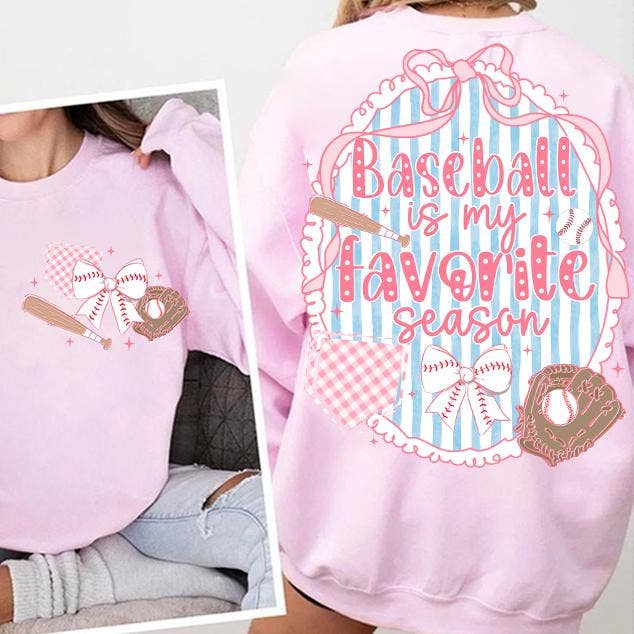 Woman wearing Baseball Is My Favorite Season sweatshirt in light pink – front and back view of graphic crewneck by DLT Ecommerce