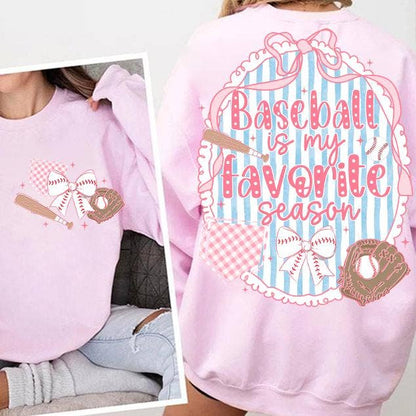 Woman wearing Baseball Is My Favorite Season sweatshirt in light pink – front and back view of graphic crewneck by DLT Ecommerce