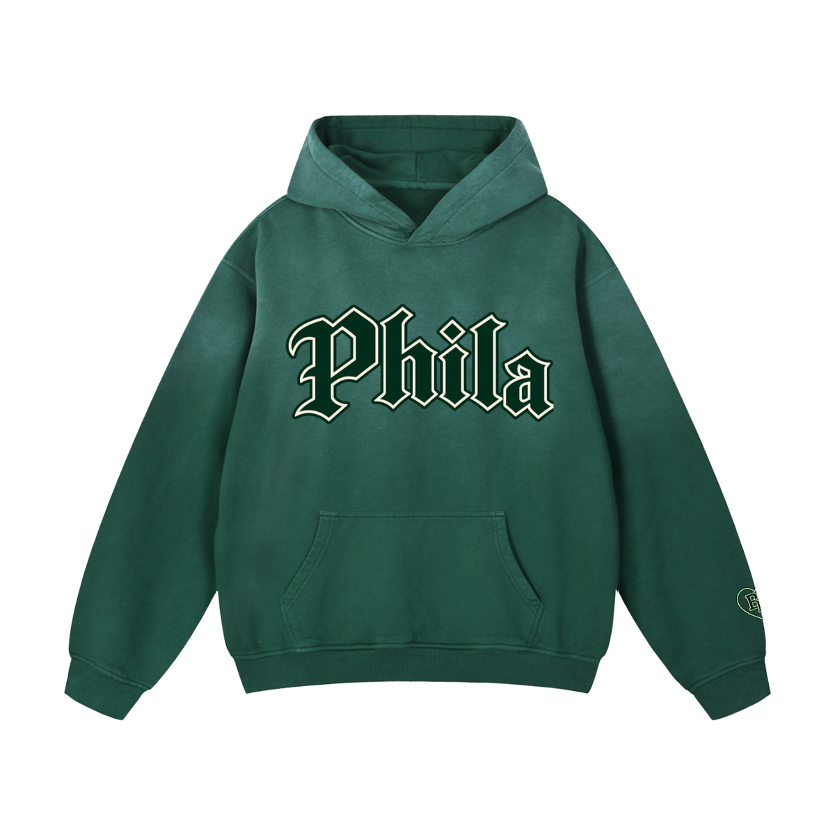 Green sunfade oversized hoodie with Old English Phila lettering, Bleacher Babe original