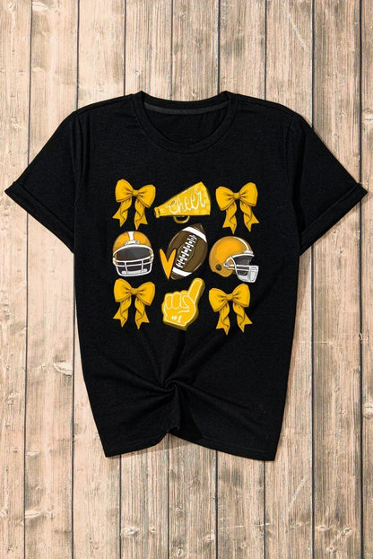 Game Day Rugby Tee: White Cheer Helmet & Bow Graphic T-Shirt