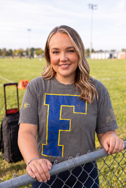 Florence NJ #1 Fan Football Tee, Navy and Yellow