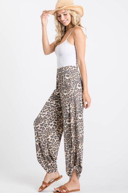 Leopard Print Lightweight Split Side Ankle Tie Pants - detail view | Bleacher Babe