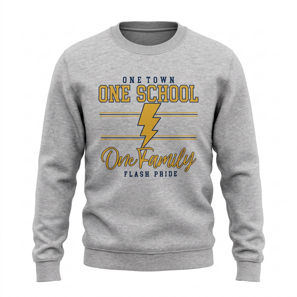 Front view of heather gray One Town One School One Family Flash Pride crewneck sweatshirt in navy and gold