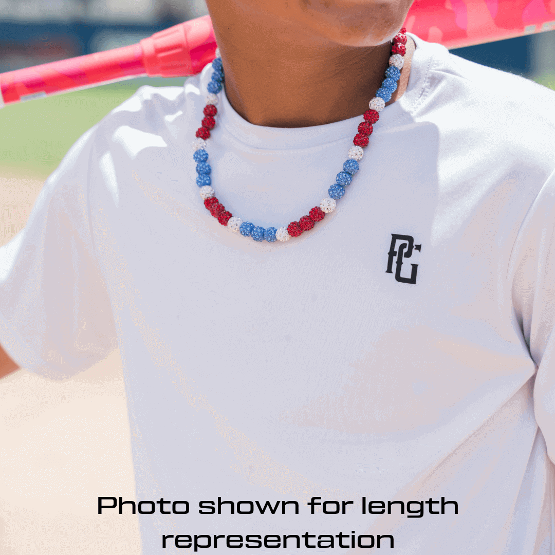 Black Skyline Iced Out Baseball Bead Necklace | Black & Baby Blue