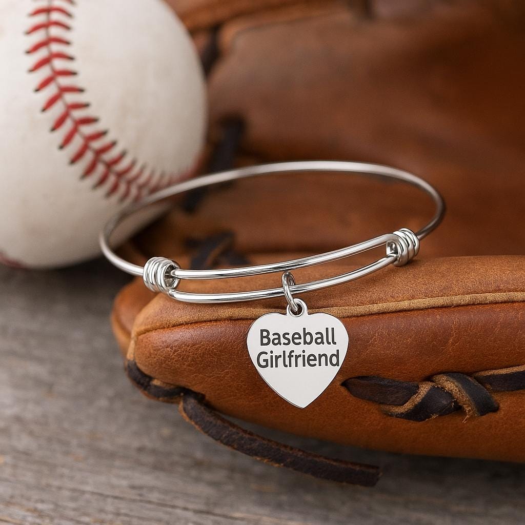 Stainless Steel Baseball Girlfriend Bracelet, Heart Charm Jewelry Sports Fan Gift Softball Baseball Love Bangle Game Day Accessory