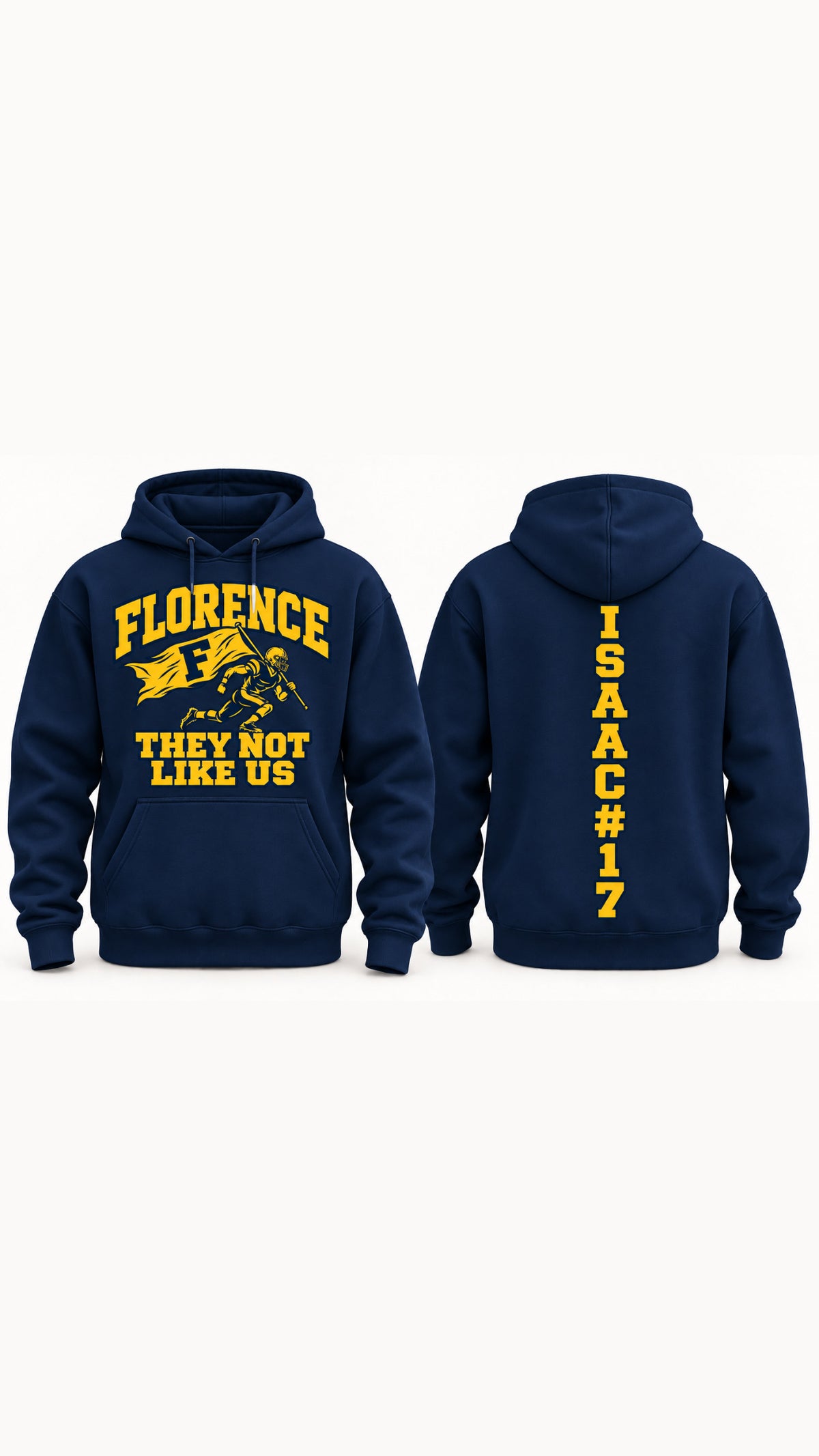 Florence They Not Like Us football hoodie in navy, front and back with sample name and number