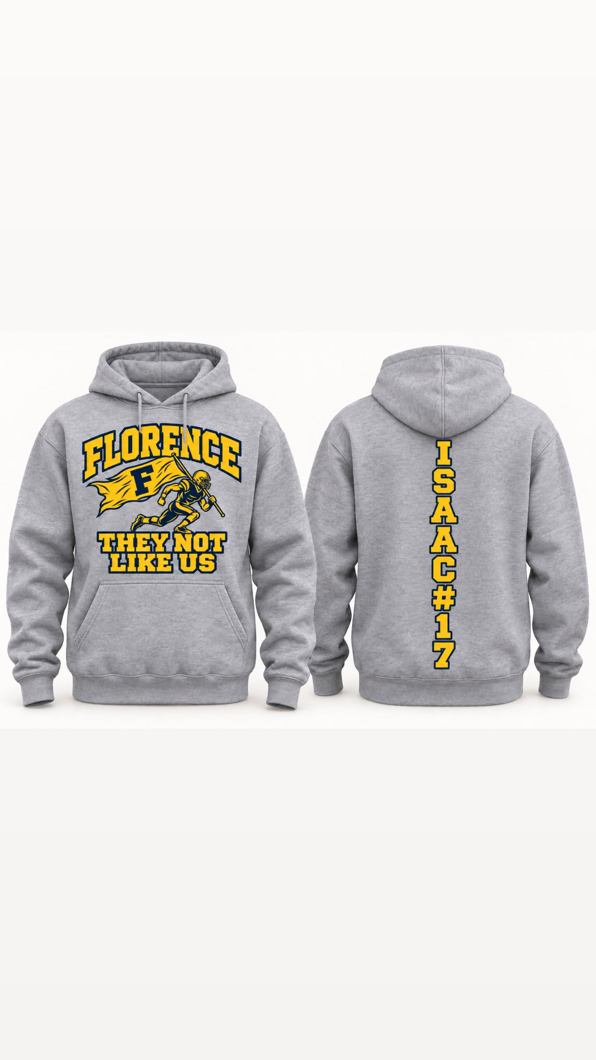 Florence They Not Like Us football hoodie in heather grey, front and back with sample name and number
