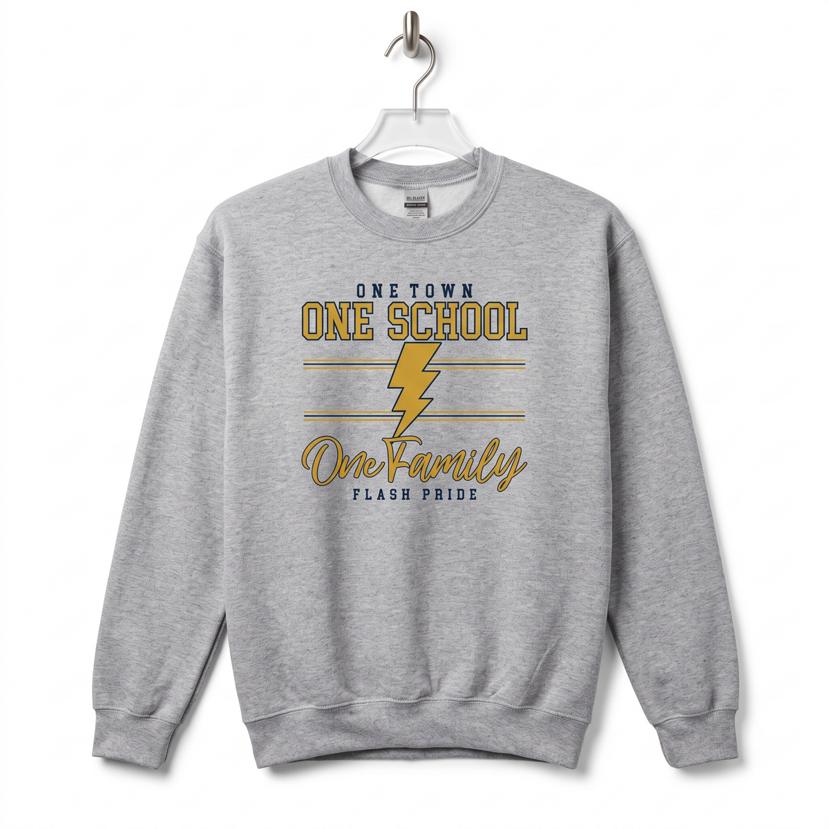 Heather gray One Town One School One Family Flash Pride crewneck sweatshirt with gold lightning bolt, Florence NJ