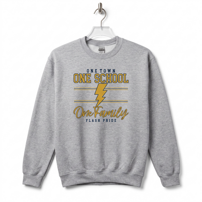 Heather gray One Town One School One Family Flash Pride crewneck sweatshirt with gold lightning bolt, Florence NJ