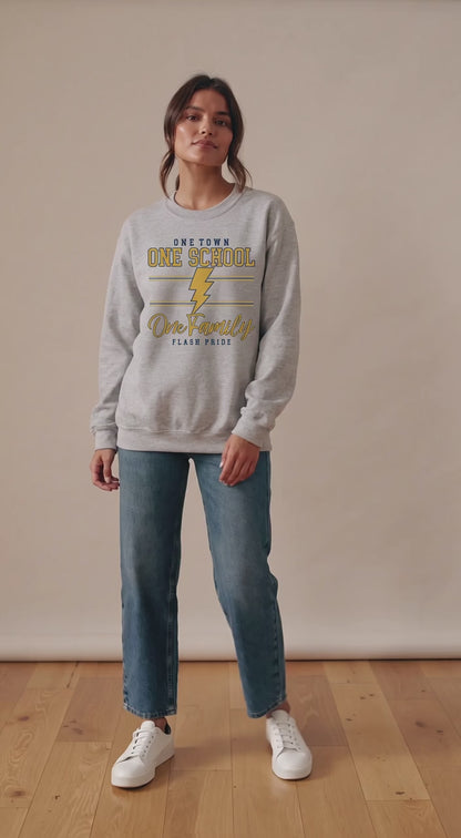 Model wearing the heather gray One Town One School One Family Flash Pride crewneck sweatshirt